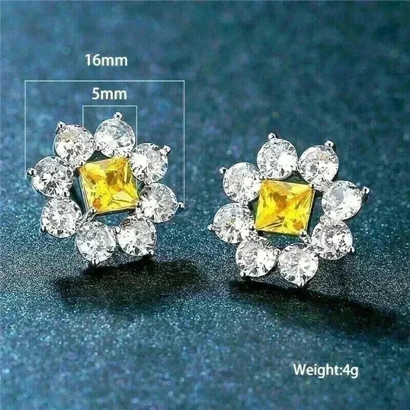 Gorgeous Sterling Silver Diamond & Citrine Flower Studs - Picture 1 of 4